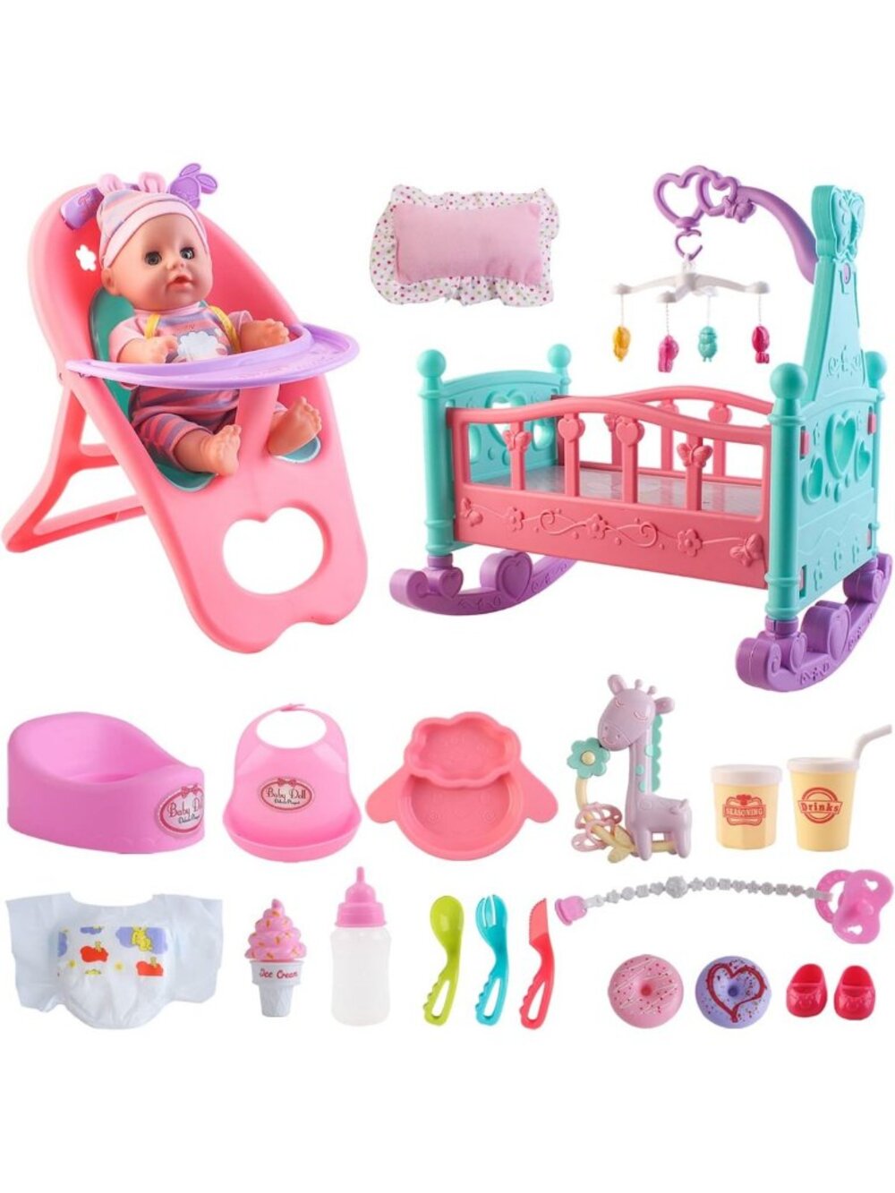 Adorable Baby Doll Play Set with Crib & High Chair, Feeding Accessories Included
